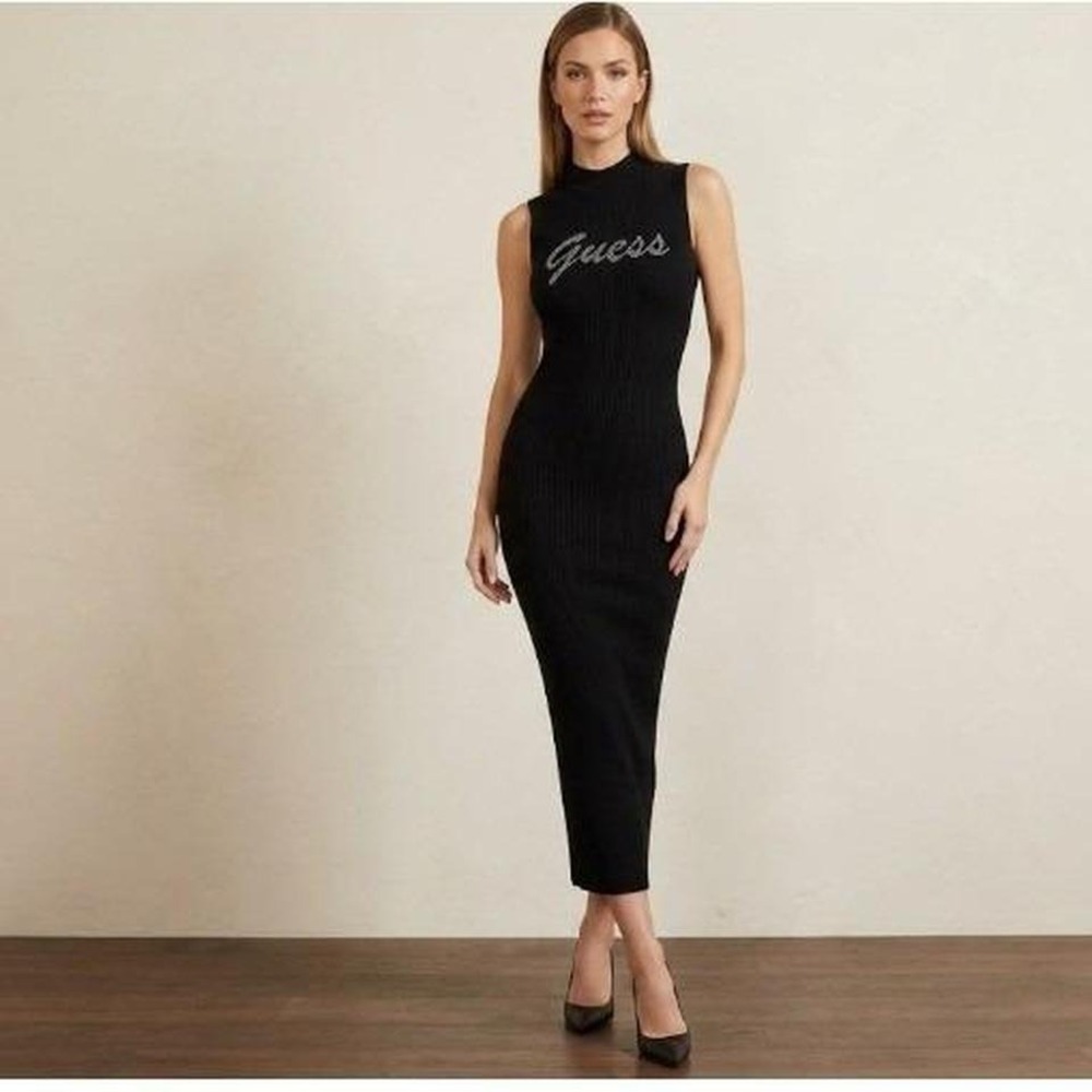 Guess Rhinestone Sleeveless Mock Bodycon Stretchy Black Dress Size XL
